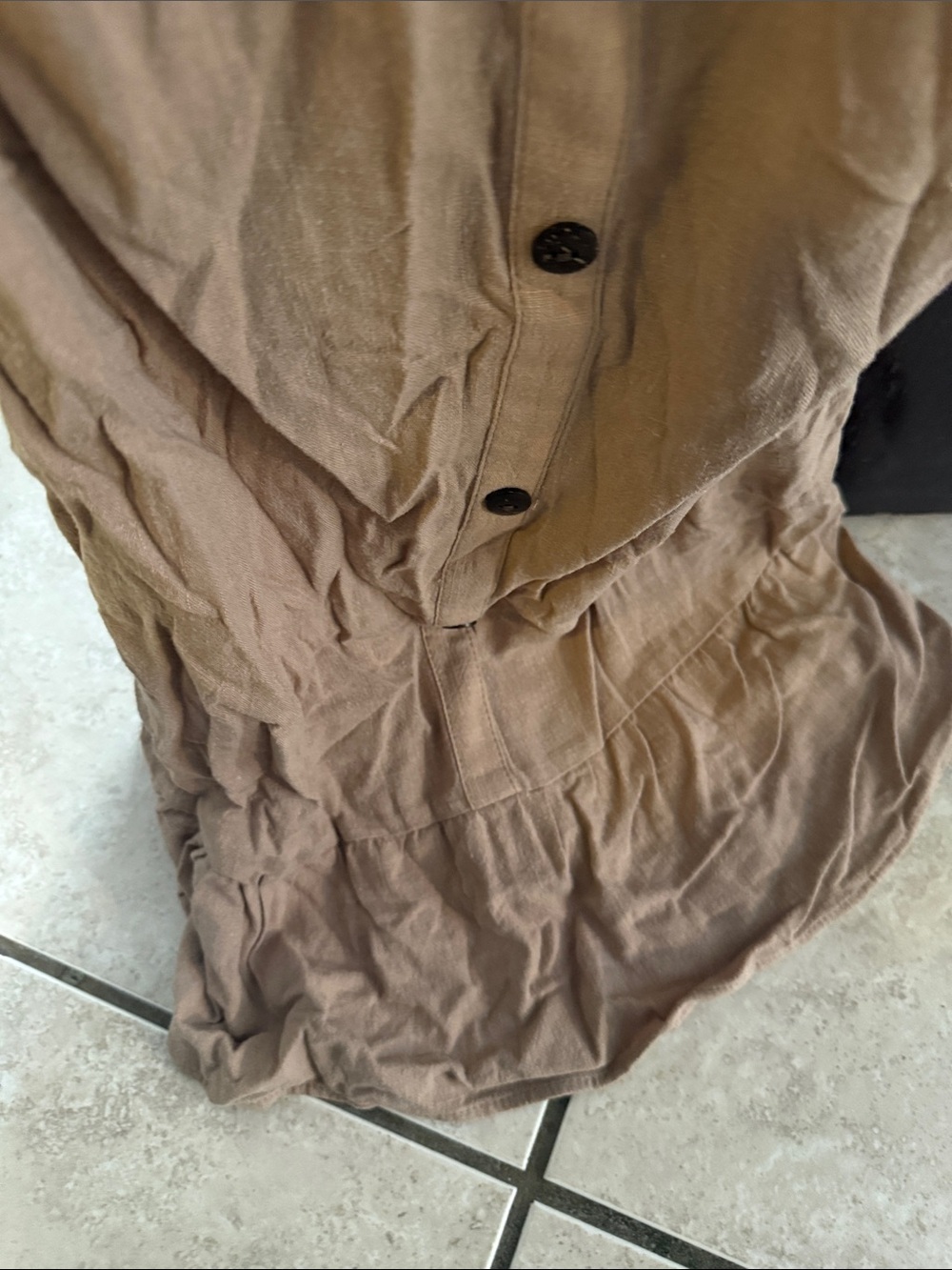 Ruffled-Strap Button-Front Midi Dress in Tan - Picture 5 of 7